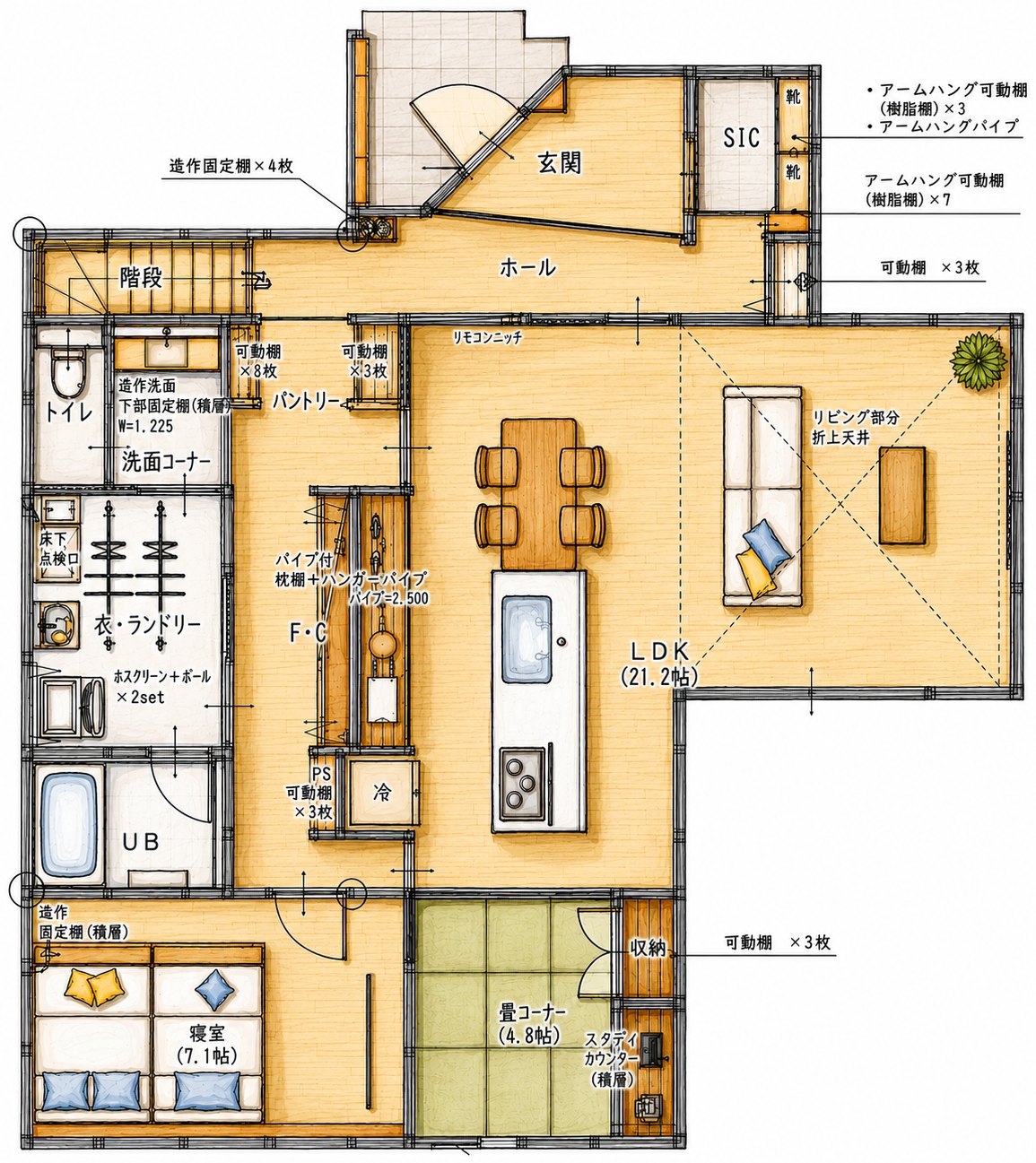 1階の間取り図。LDK21.2帖、寝室7.1帖、畳コーナー4.8帖、ランドリー、ファミリークローゼット、パントリー、シューズインクローク