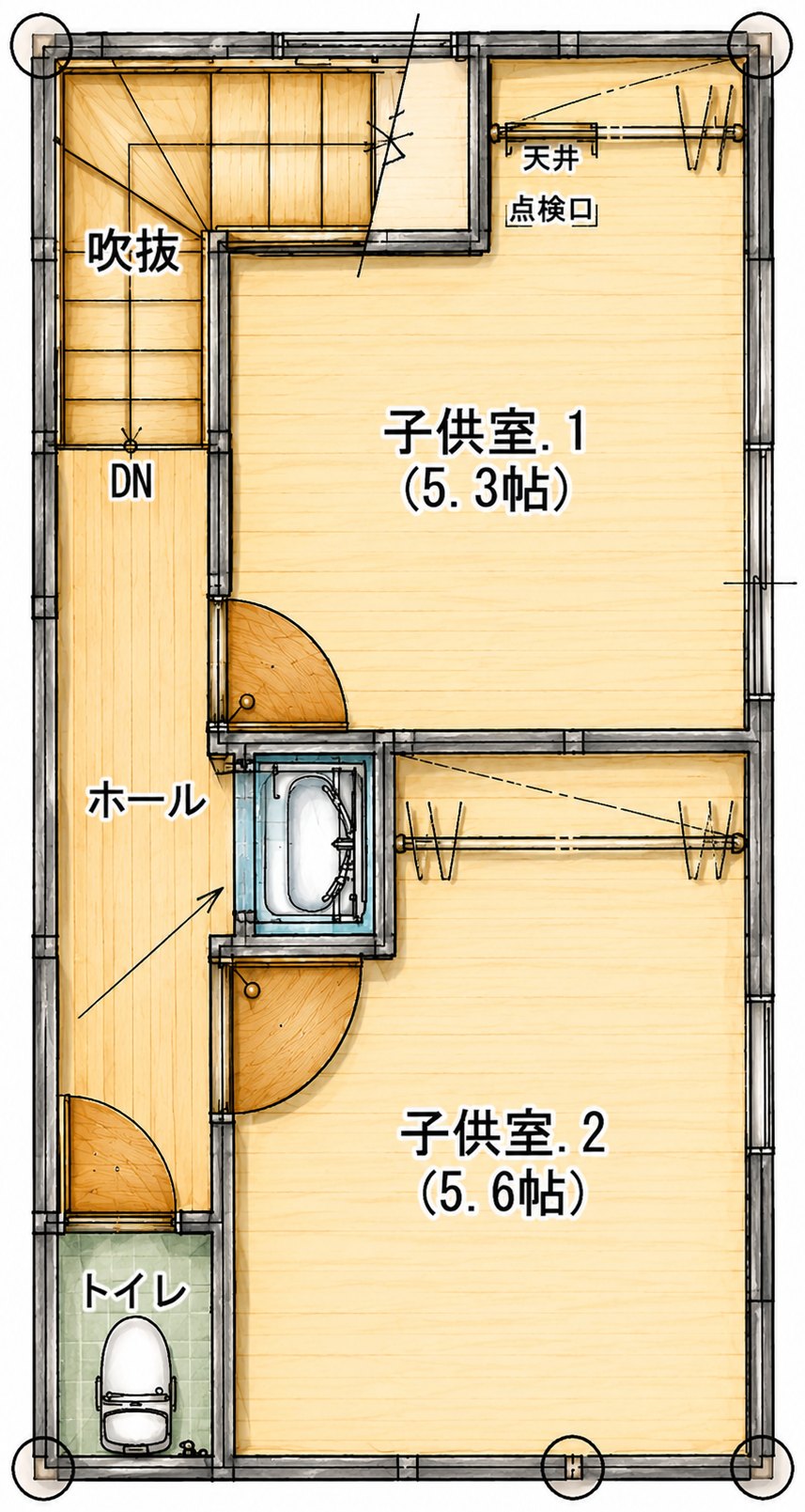 2階の間取り図。子供室5.3帖と5.6帖、吹抜、ホール、洗面化粧台、トイレ